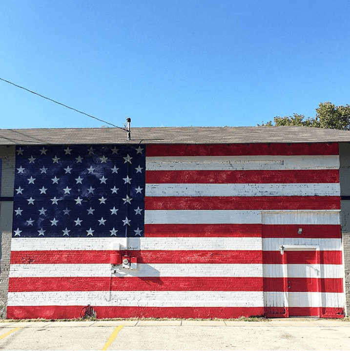 flag mural, faded blue, denton